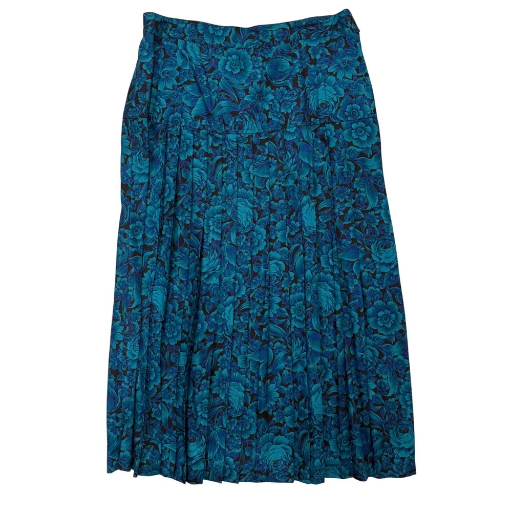 Vintage Teal Floral Pleated Midi Skirt High Waist Womens Cottagecore Made in USA